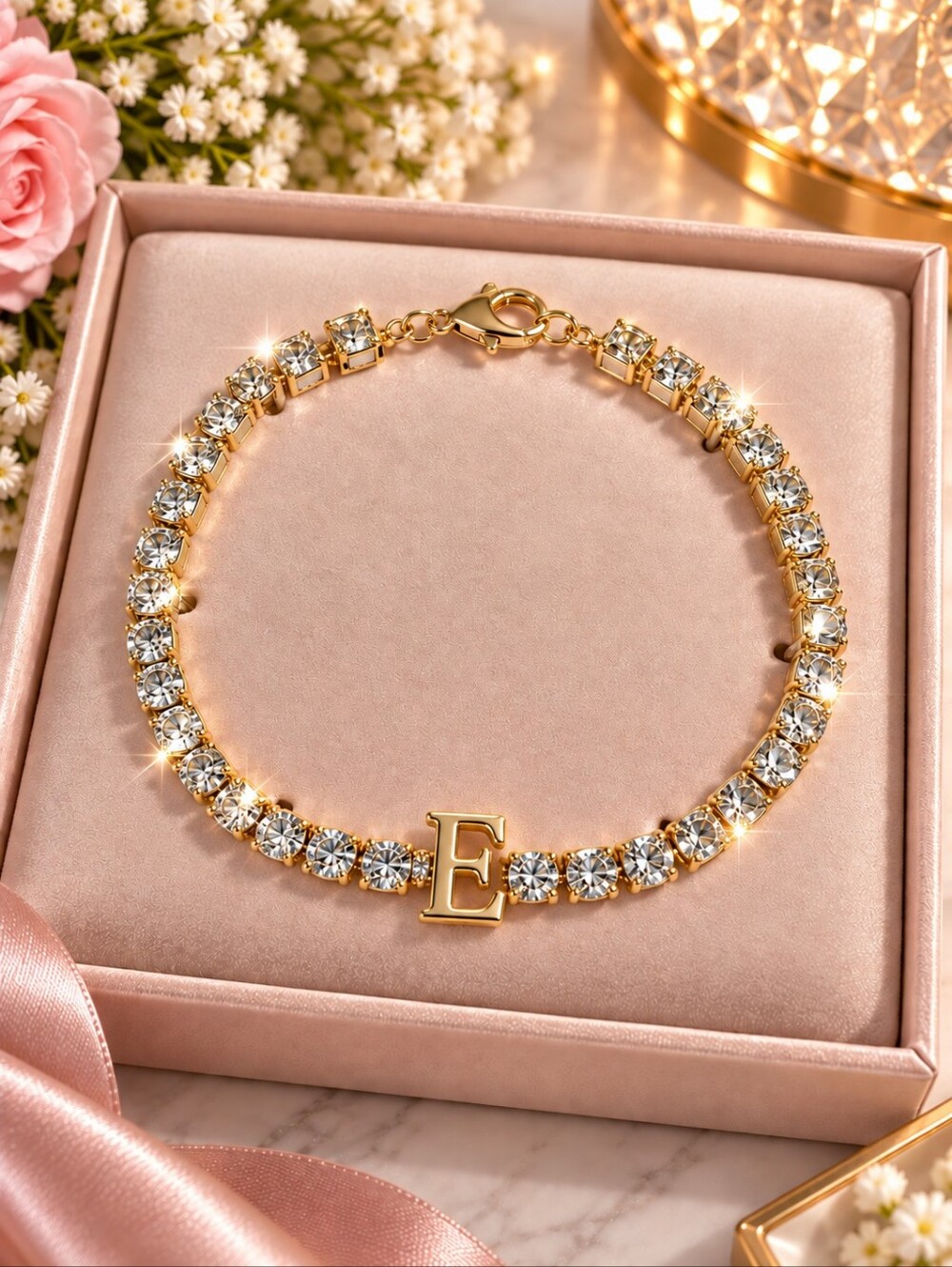 Gold Tone Crystal Tennis Bracelet with Letter E Initial Charm Sparkling Personal